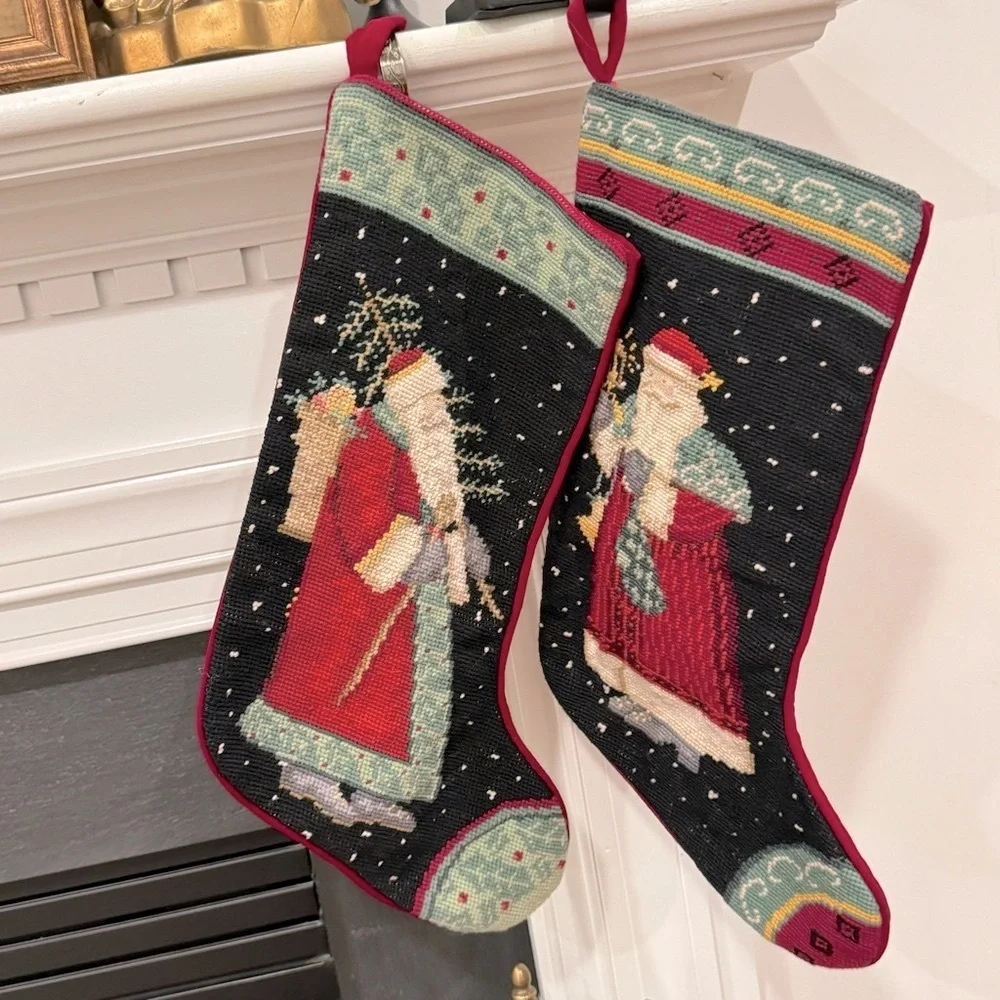 2 Vintage Wool Christmas Stockings Santa   Needlepoint  19